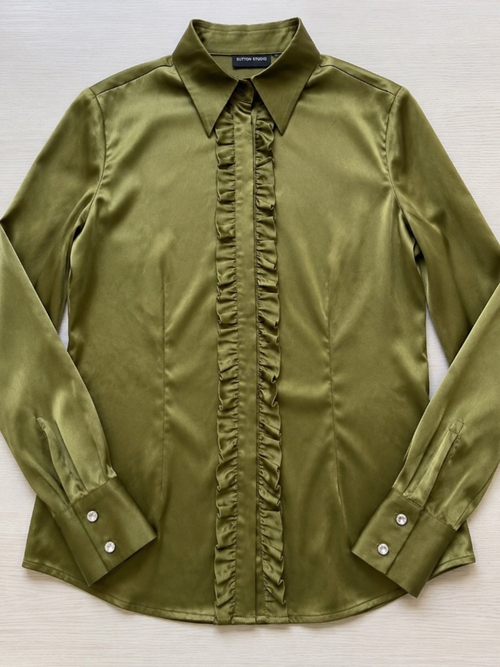 UTTON STUDIO  Silk Olive Green Ruffled Front Blouse w/ Crystal Cuffs